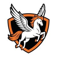 White Pegasus with Orange Mane in Dynamic Pose Emblem vector