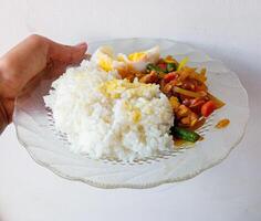 a plate of rice, boiled eggs and side dishes of vegetables to gain weight. isolate on white photo