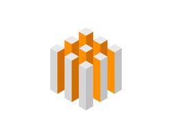 Cube logo, geometric design. Box logotype company, trendy tech emblem in pixel style. vector