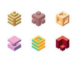 Cube logo, geometric design. Set box logotype company, trendy techno emblem in isometric 3D style. vector