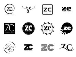 ZC logo company template. Letter z and c logotype. Set different classic serif lettering and modern bold text with design elements. Initial font typography. vector