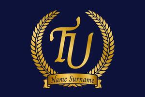 Initial letter T and U, TU monogram logo design with laurel wreath. Luxury golden calligraphy font. vector
