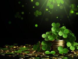 The green background of the copy area with clover and gold coins for St. Patrick's Day. photo