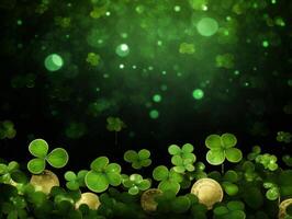 The green background of the copy area with clover and gold coins for St. Patrick's Day. photo