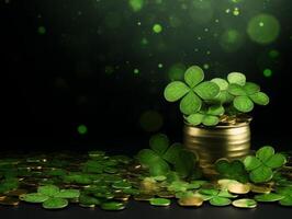The green background of the copy area with clover and gold coins for St. Patrick's Day. photo