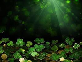 The green background of the copy area with clover and gold coins for St. Patrick's Day. photo