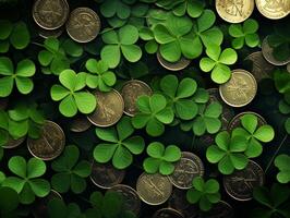 The green background of the copy area with clover and gold coins for St. Patrick's Day. photo