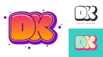 DK logo design for festival or party. Initial letter d and k in graffiti style. Creative modern lettering company name of font typography. Kids trendy logotype or identity. vector