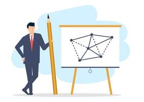 A young man in a suit draws a graph on a blackboard. illustration. vector