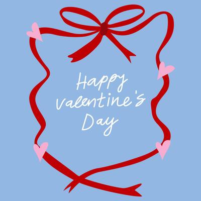 Aesthetics love design for 14 February holiday. Happy Valentine's Day vintage poster on blue background. The frame is wrapped with a red ribbon with a bow. Valentines Day or wedding background