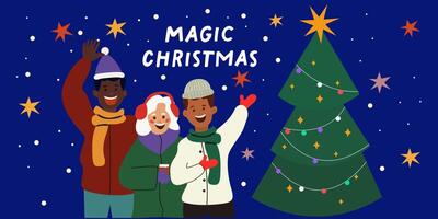Friends characters in winter clothes celebrate New Year's holidays near the Christmas tree. Group of young different people. Christmas, New year and other winter celebration vector