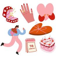 Valentines day. Vintage cake, chocolates, ring and man with bouquet vector