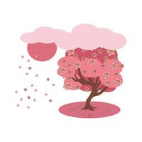 Blooming sakura and sun under clouds on white vector