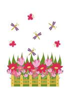 Dragonflies and butterflies flutter over a flower bed on white vector