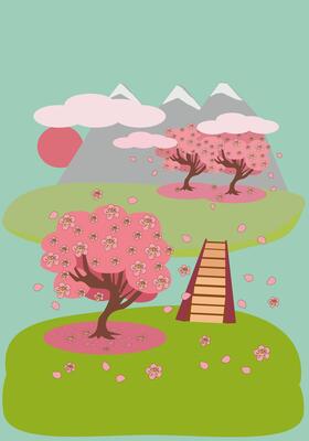 Mountain spring landscape blooming sakura over two banks - vertical