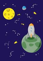 Space landscape with rocket standing on unknown planet - vertical vector