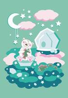 Polar bear cub on ice floe near water with fish under moon - vertical vector