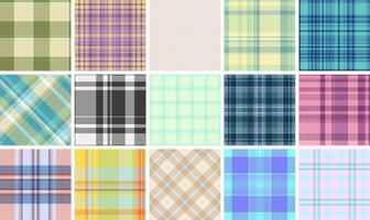 A collection of plaid patterns with colorful checks, ideal for textile, fabric, clothing, or celtic-inspired backgrounds. vector