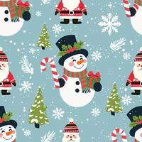 Christmas seamless pattern with snowmen, Santa, trees and snowflakes on a light blue background. vector