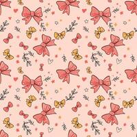 Seamless pattern of cute bows with hand-drawn hearts, stars, and leaves on a soft pink background. Ideal for festive wrapping paper, textile design, and decorative backgrounds. vector