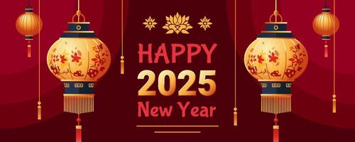 2025 Chinese new year banner with Chinese hanging lanterns and text greeting. Web banner, greeting, wallpaper and card. illustration. vector