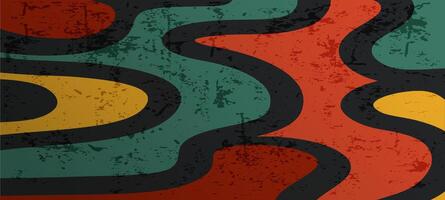 Groovy background, retro 1970s card with colorful spots, distorted shapes and scuffed texture. decorative illustration. vector