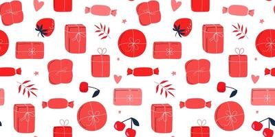 Seamless pattern with gift boxes, wrapped with ribbons, on a background of berries, stars, hearts. vector