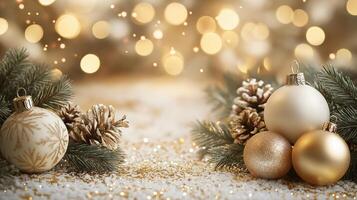 Gold Christmas ball ornaments are lying on a snowy surface with cones. Winter scandinavian cozy atmosphere. Panorama banner copyspace photo