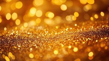 Abstract gold Christmas winter empty background of glitter vintage lights. A blurry image with white and gold specks panorama banner photo