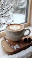 Christmas winter mug of coffee with a leaf milk on top sits on a wooden tray near window. Cozy Scandinavian Vertical stories photo