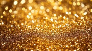 Abstract gold Christmas winter empty background of glitter vintage lights. A blurry image with white and gold specks panorama banner photo