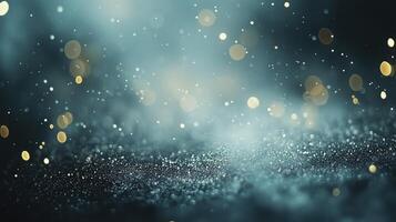 Abstract Christmas winter empty background of glitter vintage lights. Silver and white. A blurry image with white and gold specks panorama banner photo