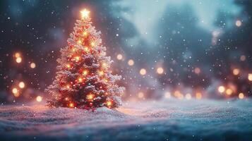 Christmas Winter background. Scandinavian Xmas tree with snow decorated with garland lights, holiday festive New Year art design. Panorama banner photo
