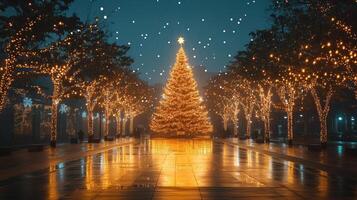 Christmas Winter background. Scandinavian Xmas tree with snow decorated with garland lights, holiday festive New Year art design. Panorama banner photo