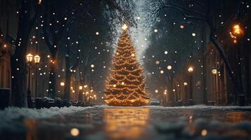 Christmas tree outdoor with snow falling, lights bokeh around holiday atmosphere. Scandinavian Xmas holiday festive New Year art design. Panorama banner photo