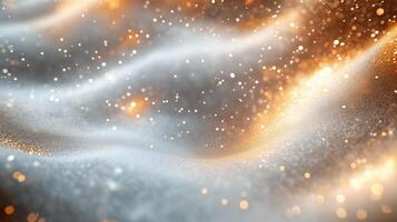 Abstract gold Christmas winter empty background of glitter vintage lights. A blurry image with white and gold specks panorama banner photo