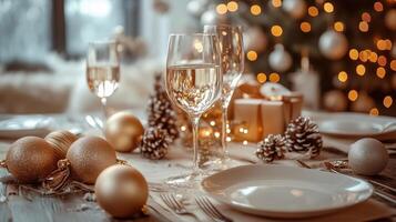 Christmas table setting decorated with wine glasses, festive ornaments, and pine cones. Scandinavian cozy panorama banner format photo