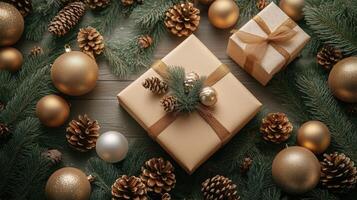 Christmas gift boxes on table background with bunch of gold balls and pine cones. Scandinavian cozy panorama banner format photo