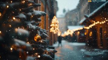 Person is walking down a snowy winter street with Christmas background lights and snow falling. winter city Panorama banner format photo