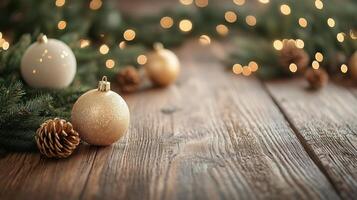 Christmas Wooden board empty table background. abstract blurred theme in winter background. Scandinavian panorama banner format photo