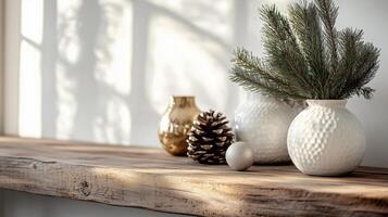Christmas cozy decoration on wooden shelf with pine branches and golden vase. Scandinavian panorama banner photo
