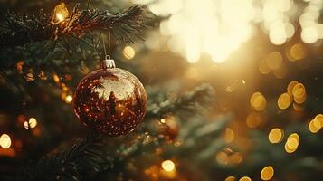 Christmas Winter background. Scandinavian Xmas tree with snow decorated with garland lights, holiday festive New Year art design. Panorama banner photo