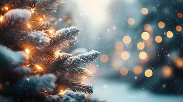 Christmas Winter background. Scandinavian Xmas tree with snow decorated with garland lights, holiday festive New Year art design. Panorama banner photo