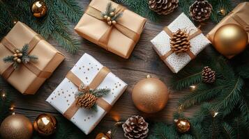 Christmas gift boxes on table background with bunch of gold balls and pine cones. Scandinavian cozy panorama banner format photo