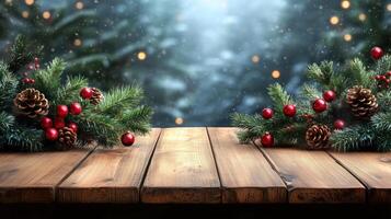 Christmas wooden table background stands empty against a blurred cozy winter holiday backdrop. Copyspace panorama banner scandinavian style photo