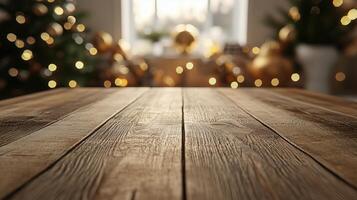 Wooden board empty table background. abstract blurred christmas theme in background. Scandinavian panorama banner format photo