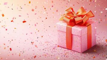 Illustration of pink gift box with bright orange bow and ribbon placed on pink background near confetti. Concept of holiday or birthday. Panorama banner format photo