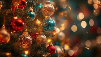 Christmas Tree background With gold Baubles close-up against backdrop of golden sparkling Christmas lights. Wide format panorama banner. Background with atmosphere of celebration and magic photo