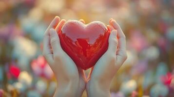 joven mujer participación un rojo corazón en un rosado antecedentes para cuidado de la salud, donar, y familia seguro mundo corazón día, mundo salud día, San Valentín día foto