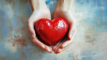 manos es participación un rojo corazón. amor romántico concepto para cuidado de la salud, donar, y familia seguro mundo corazón día, mundo salud día, enamorado día foto